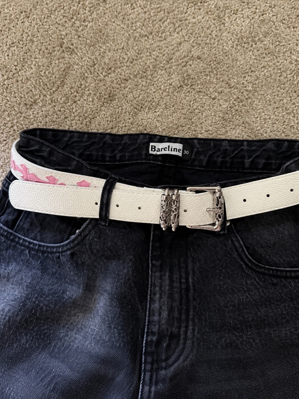 White Pink Cross Leather Belt Y2K Gothic Western Silver Buckle Chrome Grunge